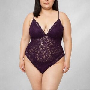 Hop Lun Lace Bodysuit 2X Purple Persuasion Lingerie Sheer Stretch SMS Sample NWT